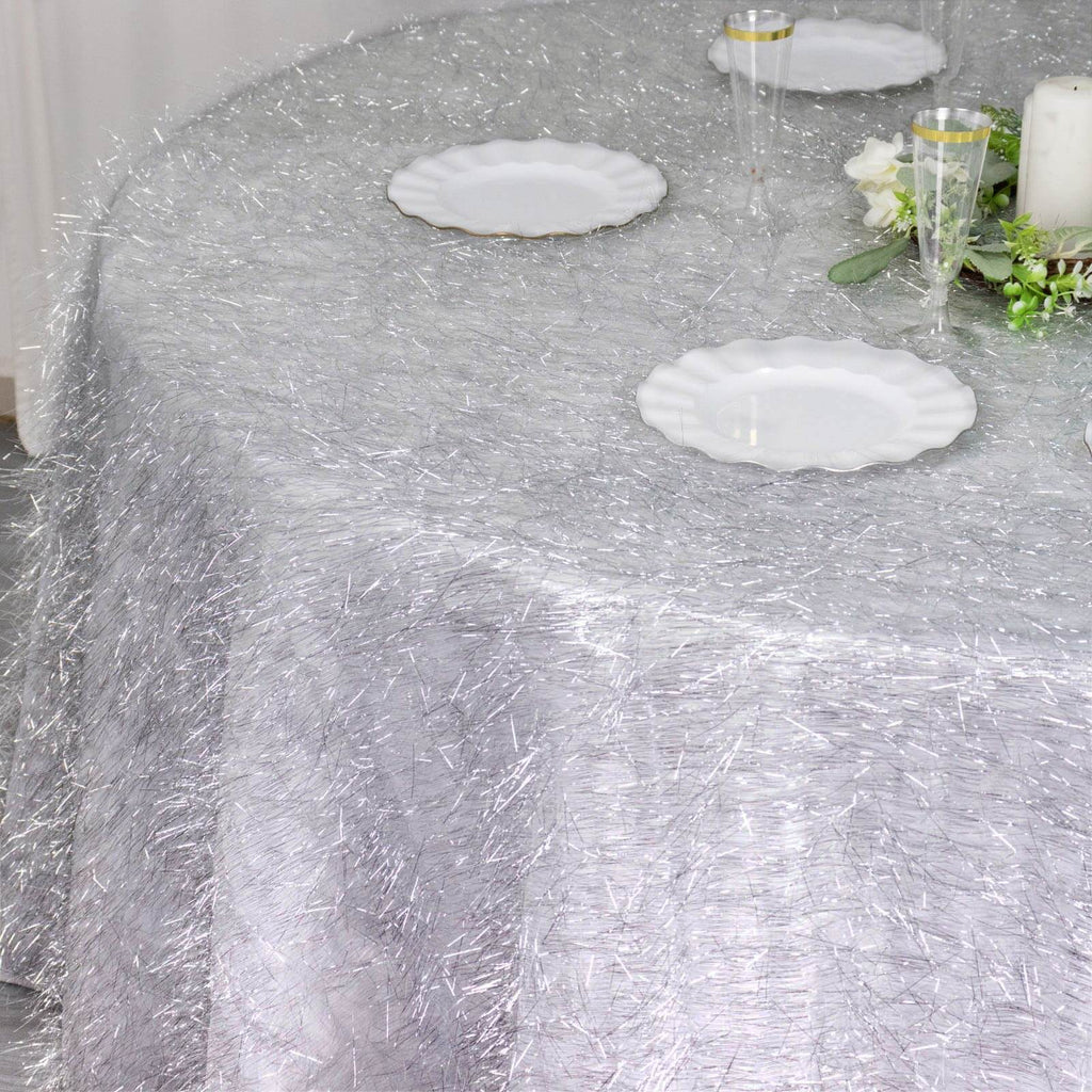 Polyester 120" Round Silver Tablecloth Metallic Fringe Shag Tinsel Table Cover - Bell Racket Store