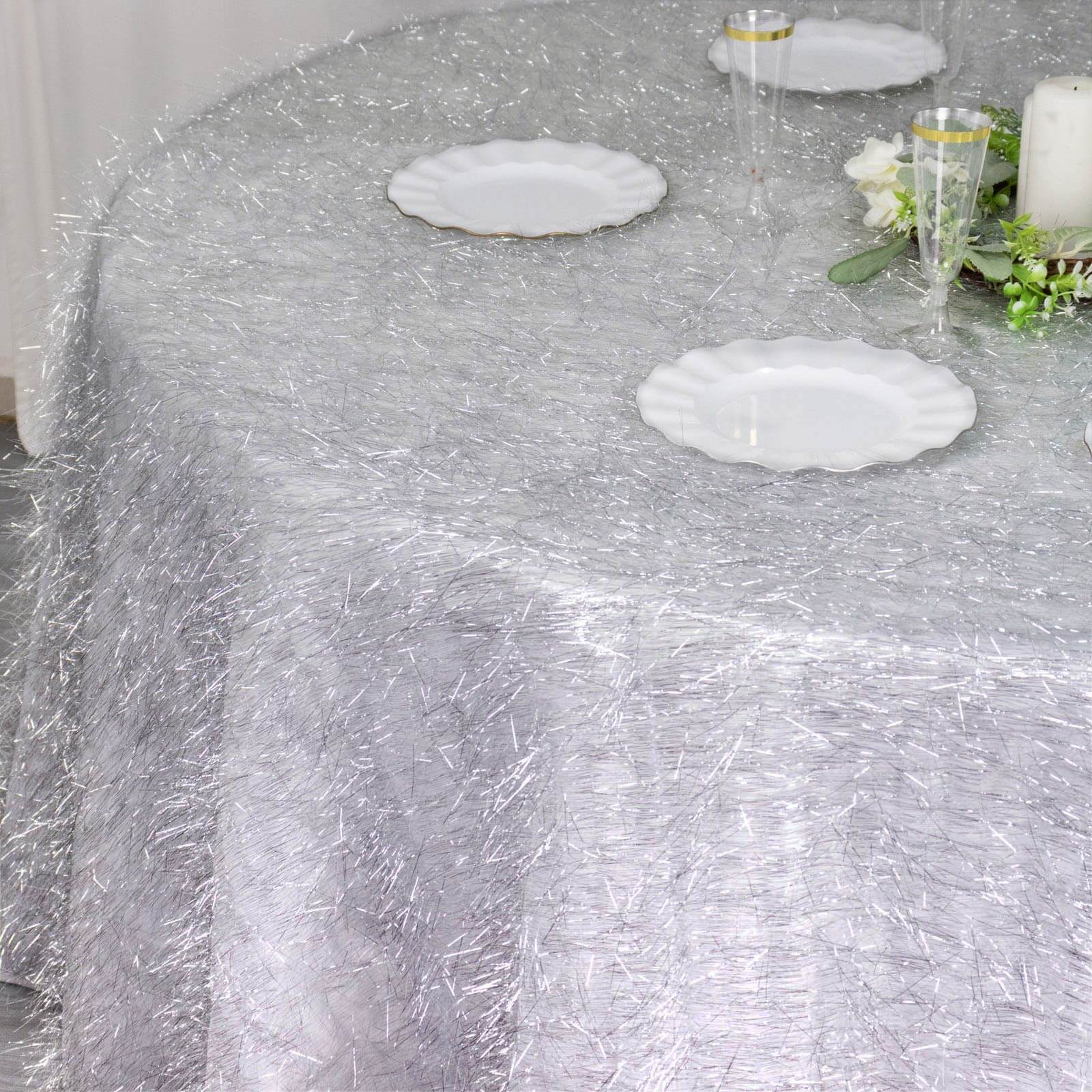 Polyester 120" Round Silver Tablecloth Metallic Fringe Shag Tinsel Table Cover - Bell Racket Store