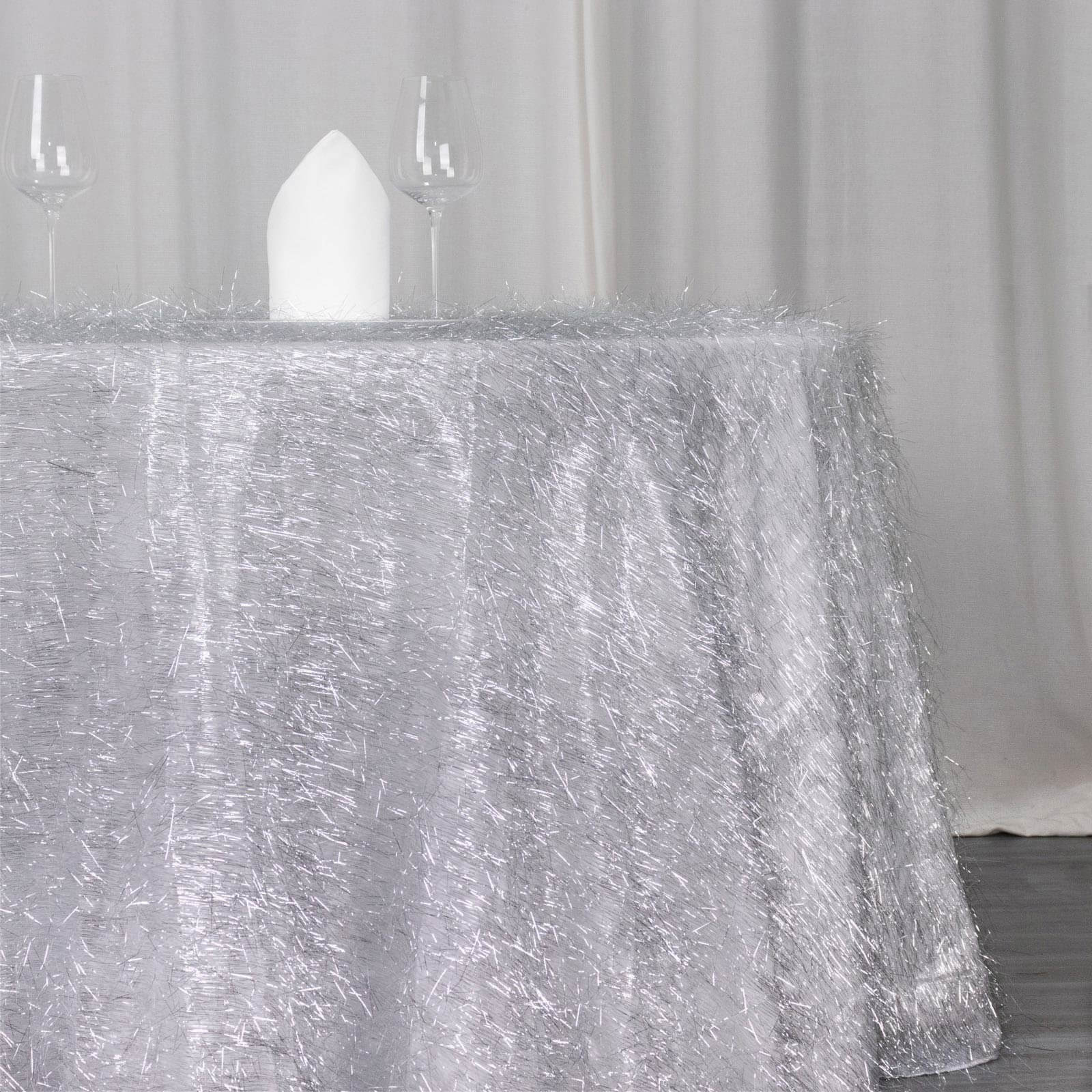 Polyester 120" Round Silver Tablecloth Metallic Fringe Shag Tinsel Table Cover - Bell Racket Store