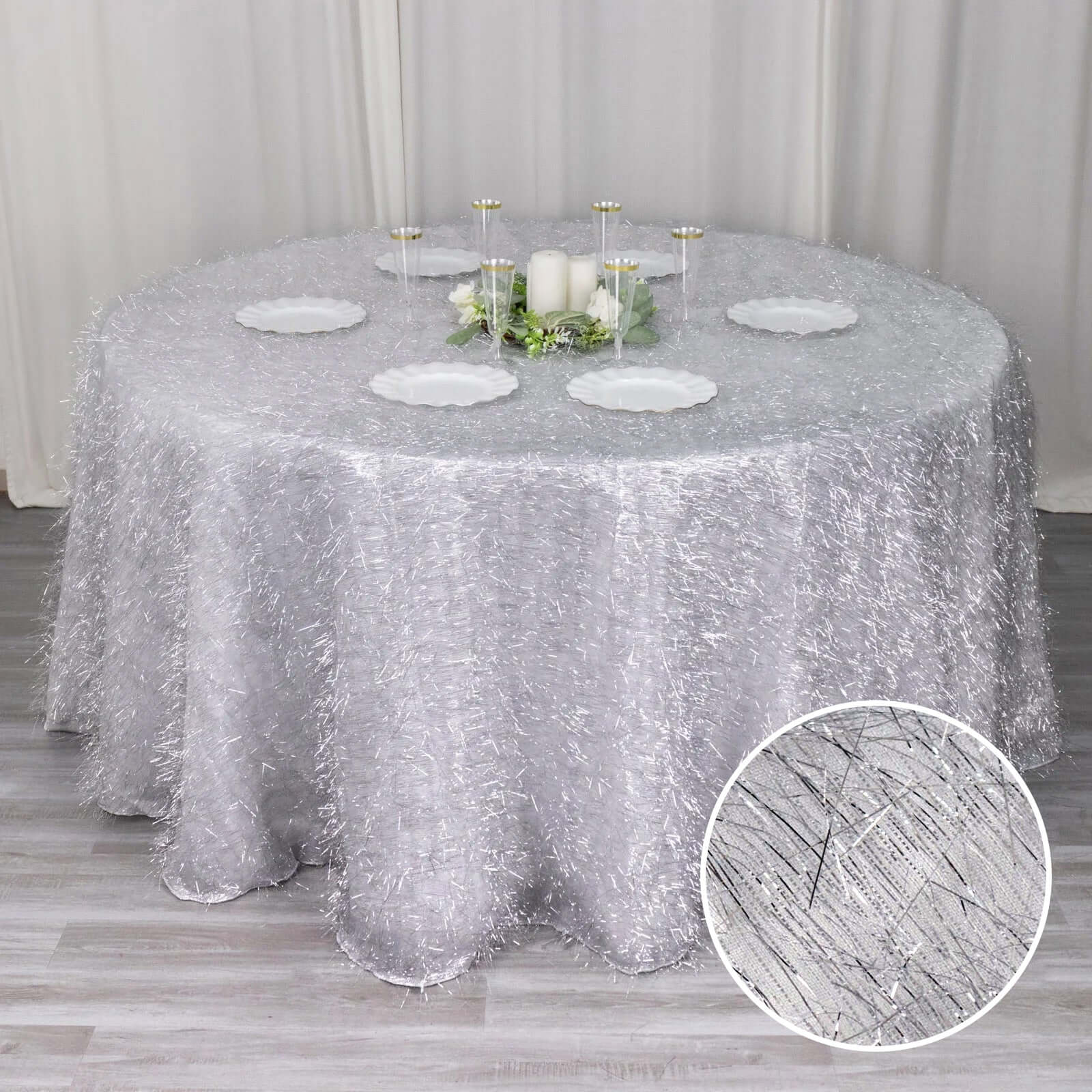 Polyester 120" Round Silver Tablecloth Metallic Fringe Shag Tinsel Table Cover - Bell Racket Store