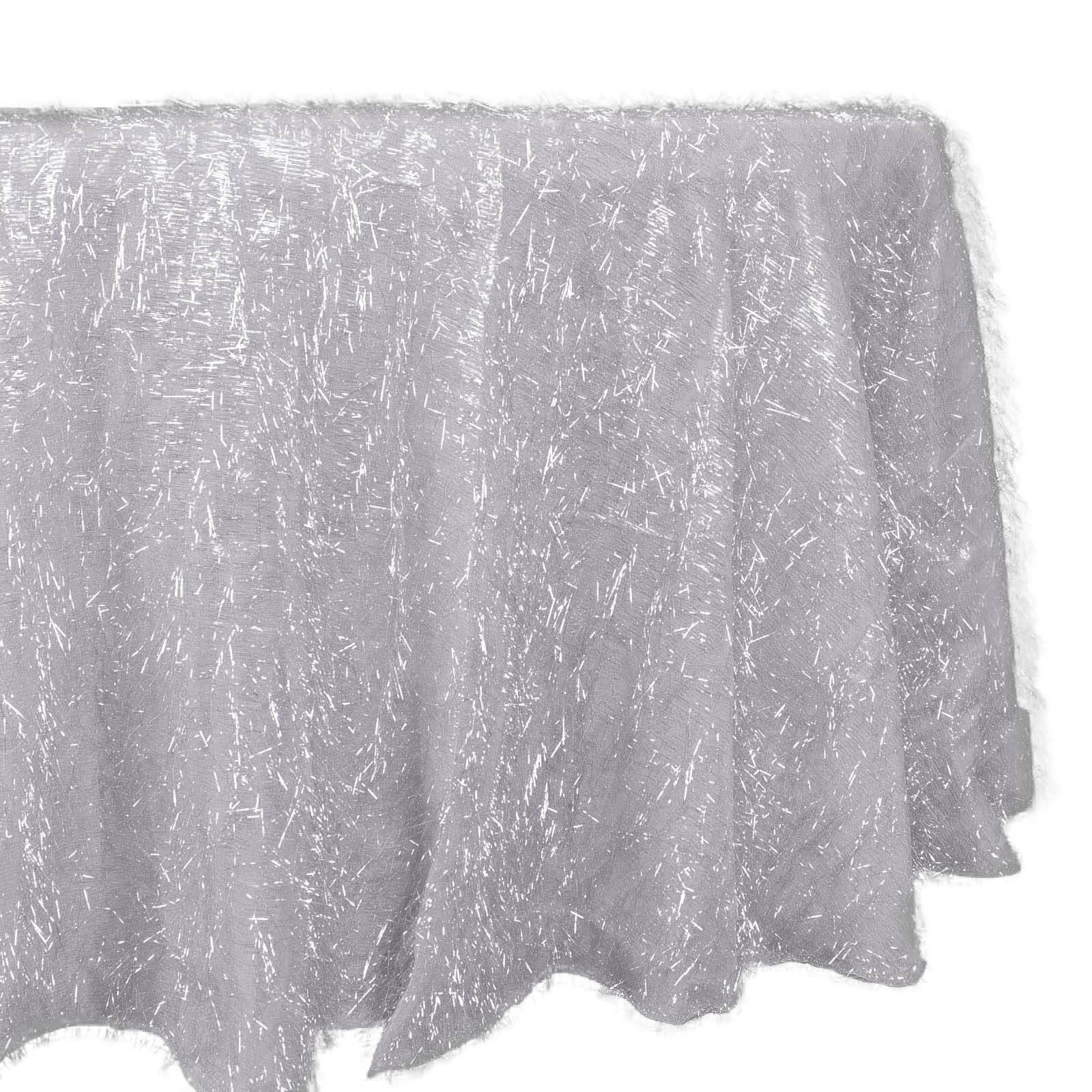 Polyester 120" Round Silver Tablecloth Metallic Fringe Shag Tinsel Table Cover - Bell Racket Store