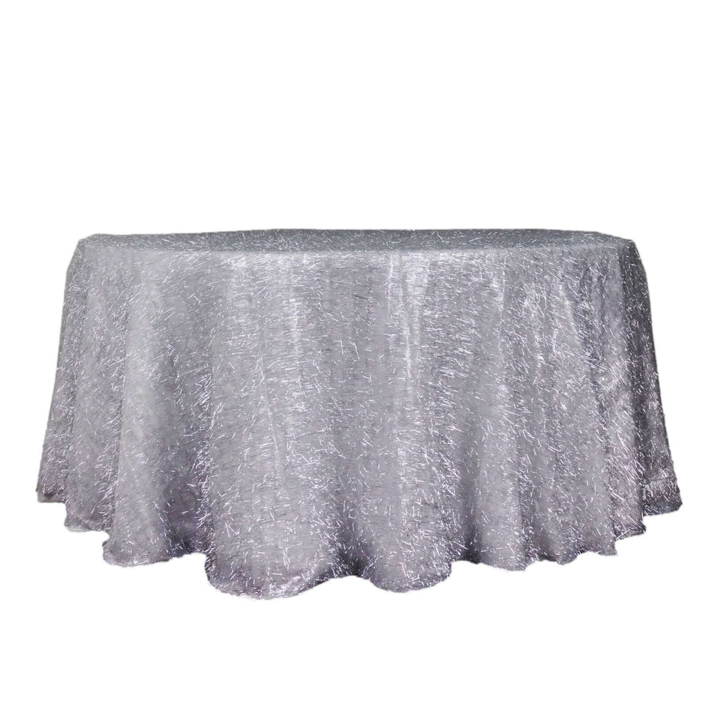 Polyester 120" Round Silver Tablecloth Metallic Fringe Shag Tinsel Table Cover - Bell Racket Store