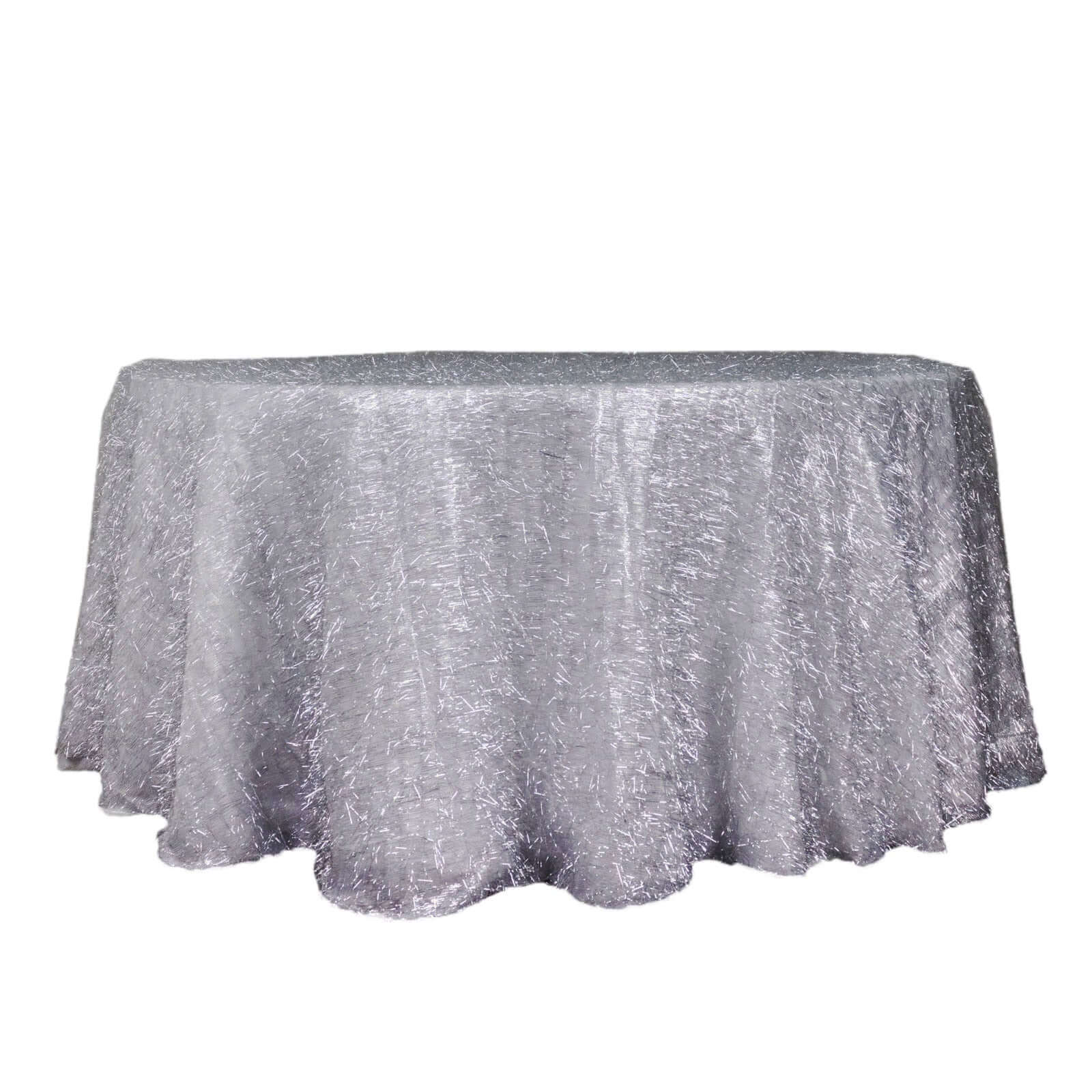 Polyester 120" Round Silver Tablecloth Metallic Fringe Shag Tinsel Table Cover - Bell Racket Store