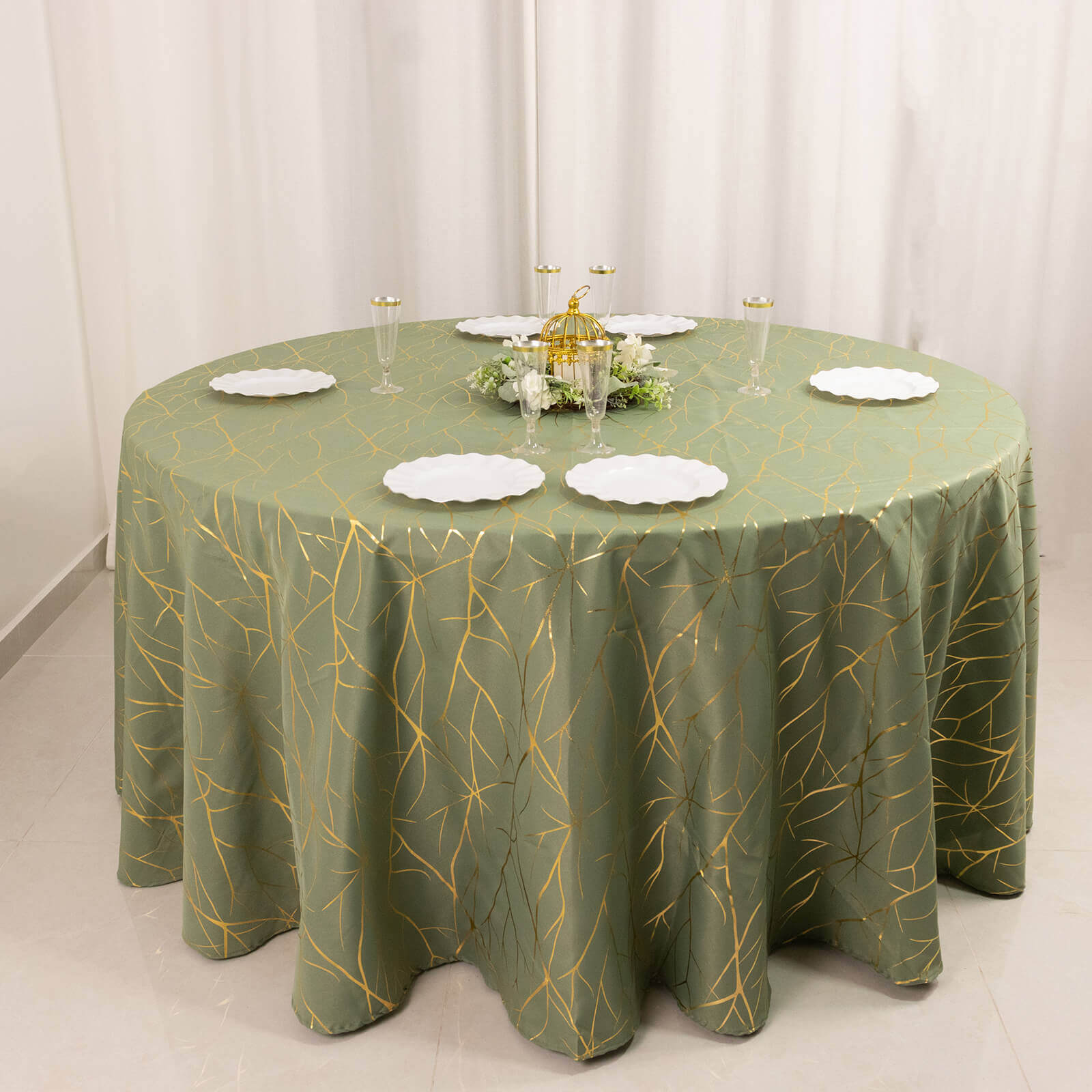 Polyester 120" Round Tablecloth Dusty Sage Green with Gold Foil Tree Branch Pattern - Wrinkle - Resistant Seamless Table Cover for Classy Events - Bell Racket Store