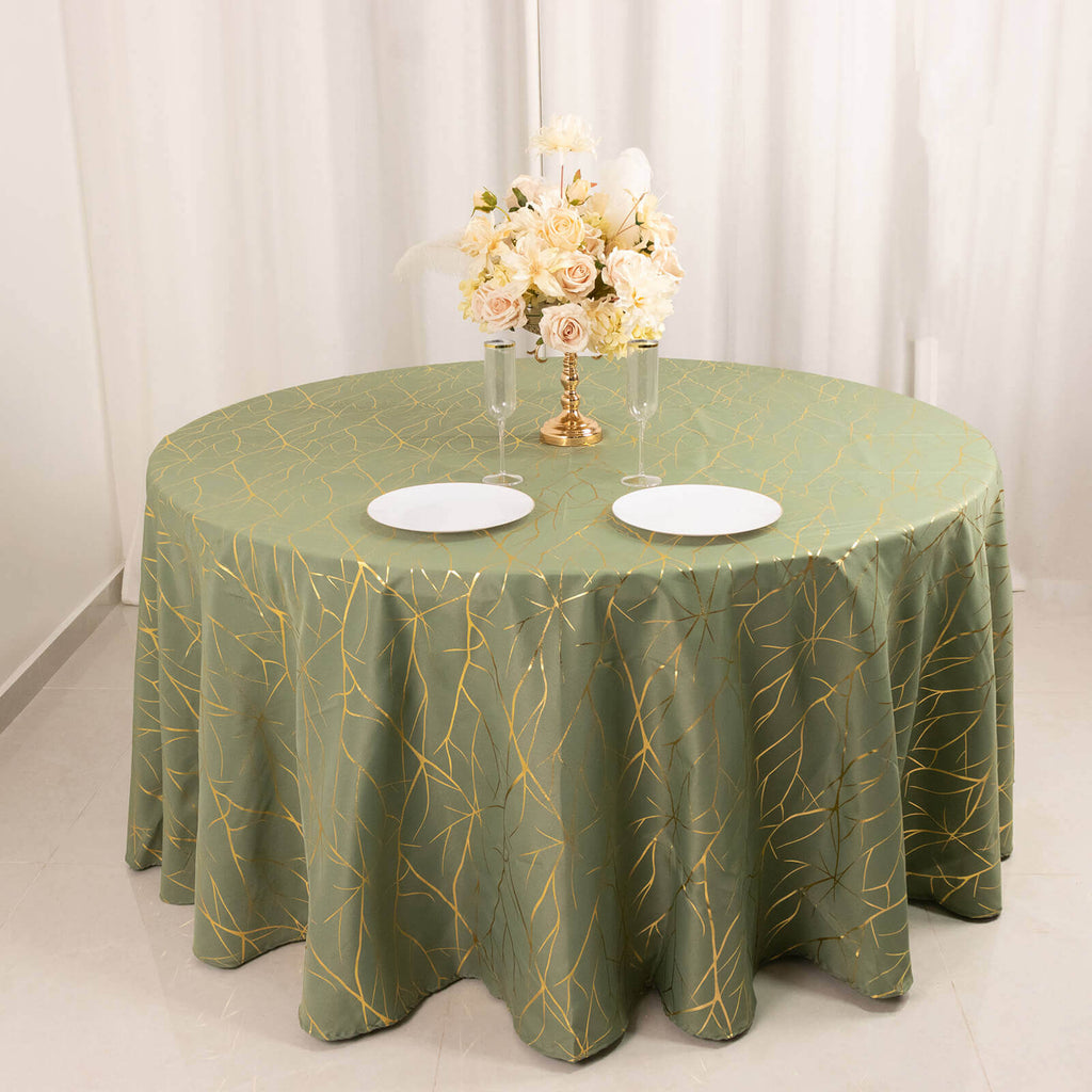 Polyester 120" Round Tablecloth Dusty Sage Green with Gold Foil Tree Branch Pattern - Wrinkle - Resistant Seamless Table Cover for Classy Events - Bell Racket Store