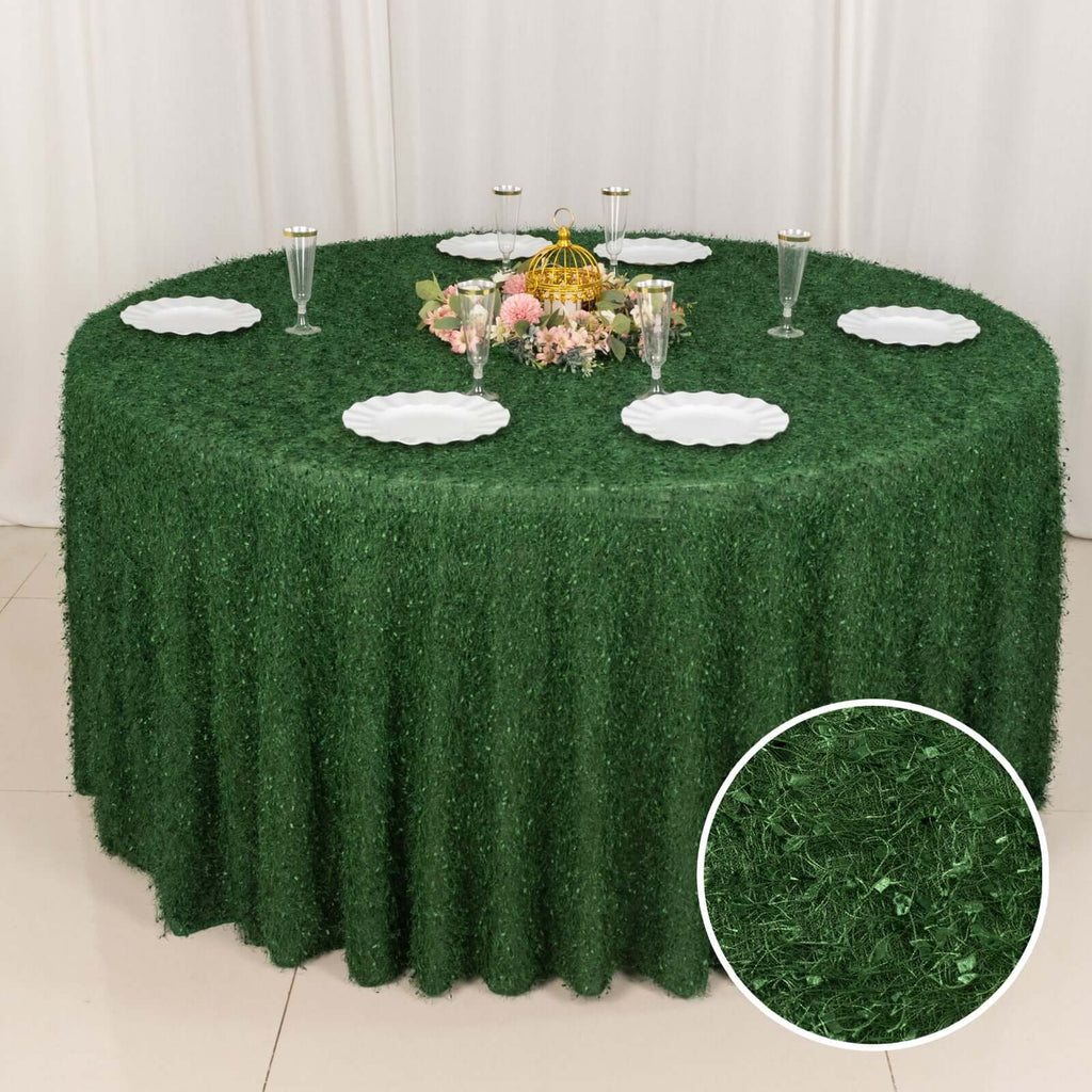 Polyester 120" Round Tablecloth Green with Shaggy Fringe Table Cover - Bell Racket Store