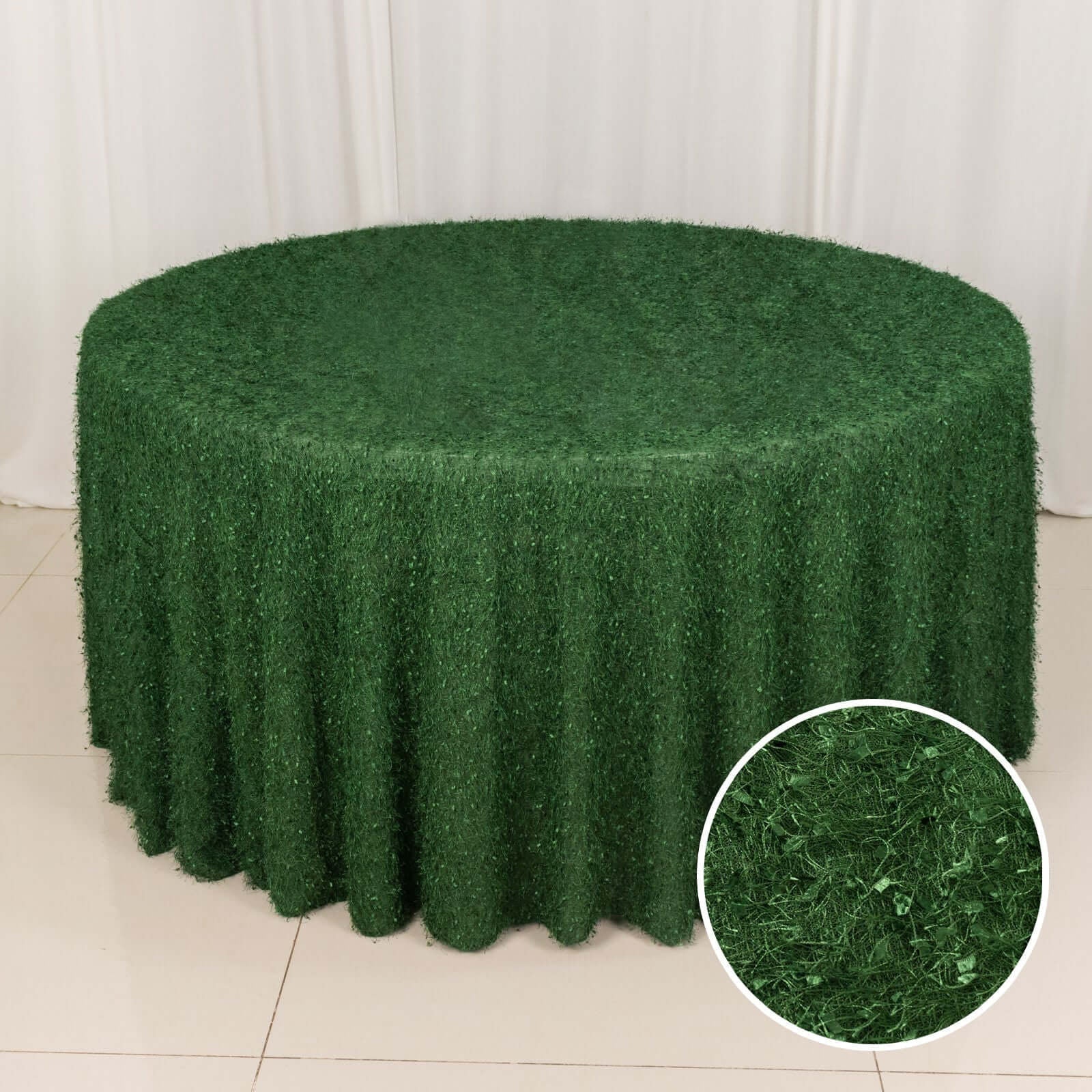 Polyester 120" Round Tablecloth Green with Shaggy Fringe Table Cover - Bell Racket Store