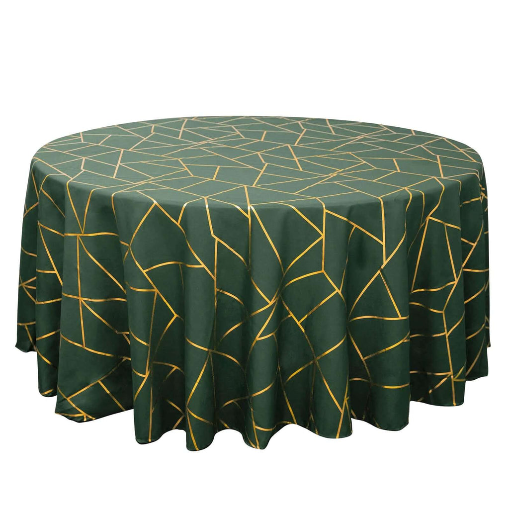 Polyester 120" Round Tablecloth Hunter Emerald Green with Gold Foil Geometric Pattern Wrinkle-Resistant Seamless Table Cover