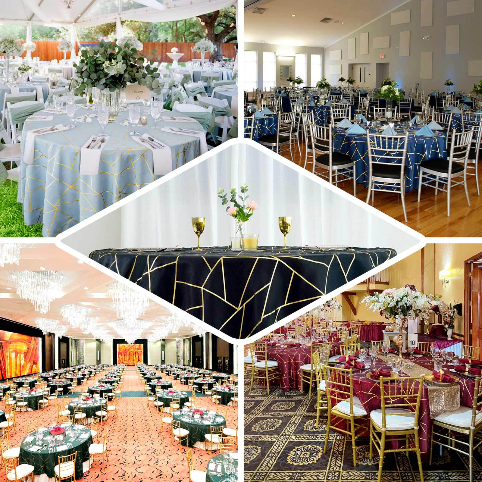 Polyester 120" Round Tablecloth Purple with Gold Foil Geometric Pattern Wrinkle - Resistant Seamless Table Cover - Bell Racket Store