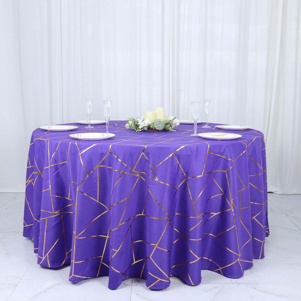 Polyester 120" Round Tablecloth Purple with Gold Foil Geometric Pattern Wrinkle - Resistant Seamless Table Cover - Bell Racket Store