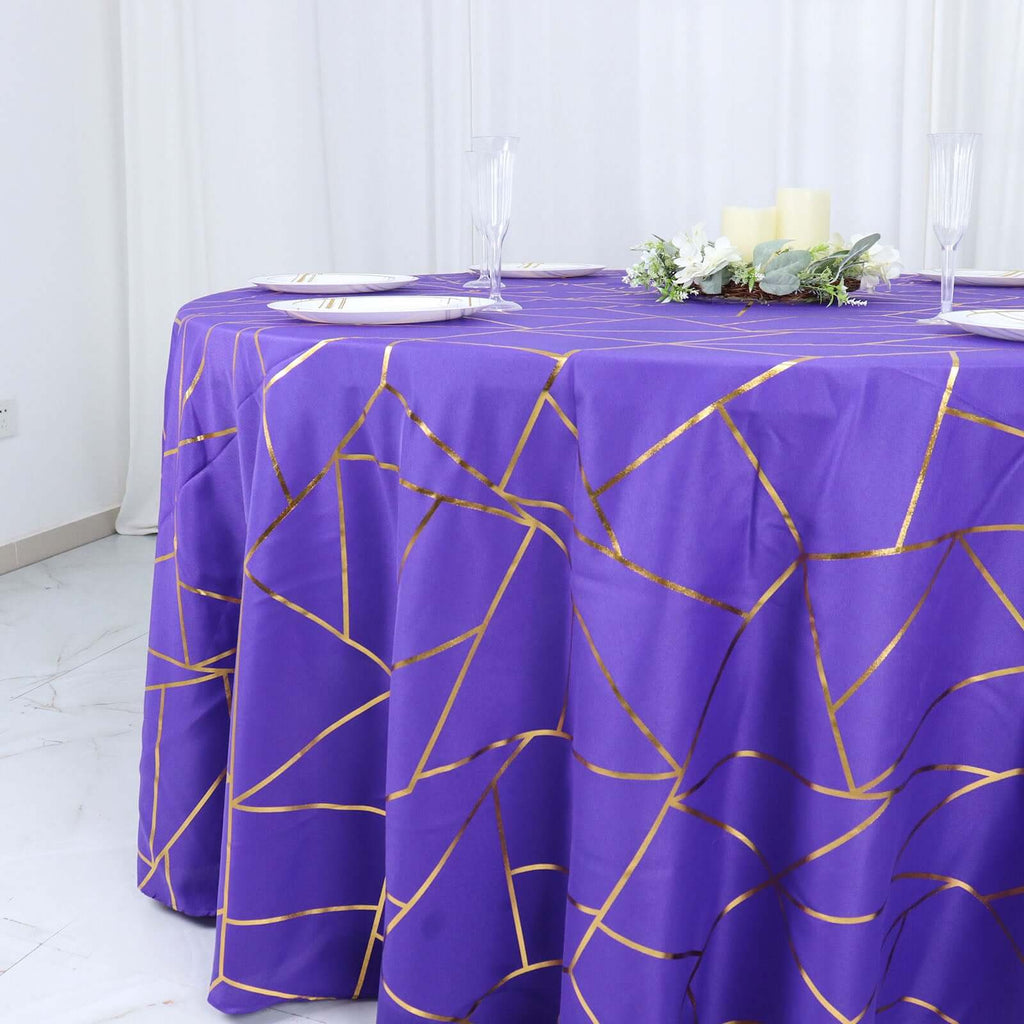 Polyester 120" Round Tablecloth Purple with Gold Foil Geometric Pattern Wrinkle - Resistant Seamless Table Cover - Bell Racket Store