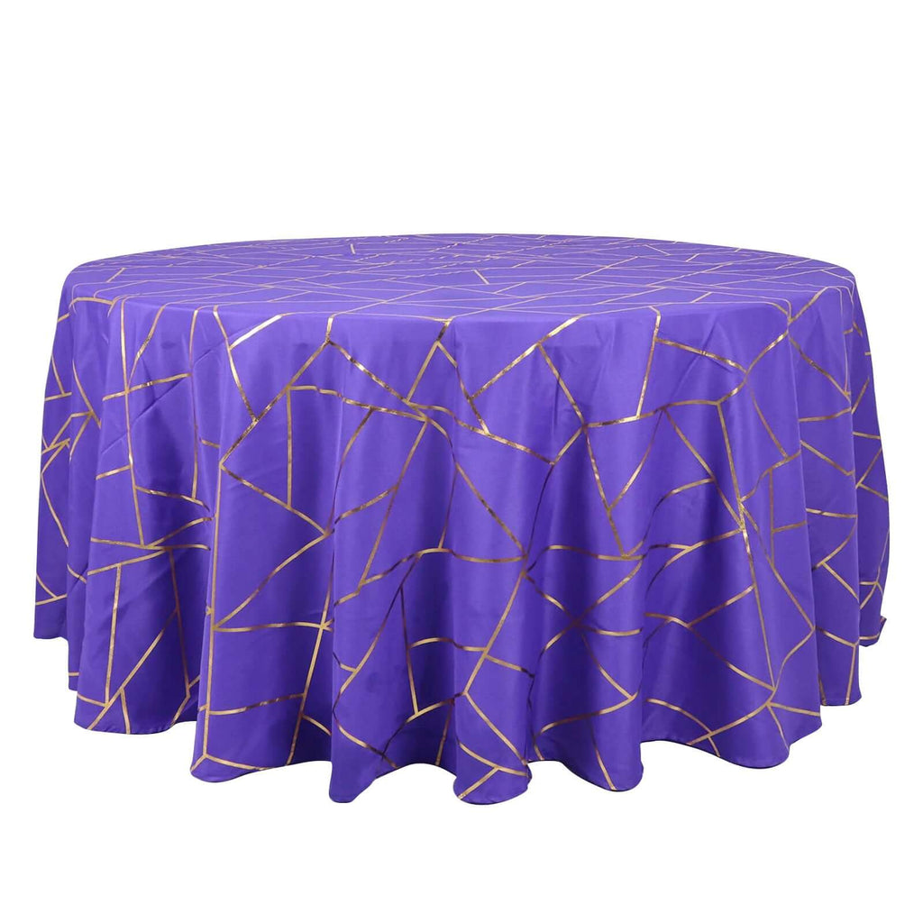 Polyester 120" Round Tablecloth Purple with Gold Foil Geometric Pattern Wrinkle - Resistant Seamless Table Cover - Bell Racket Store