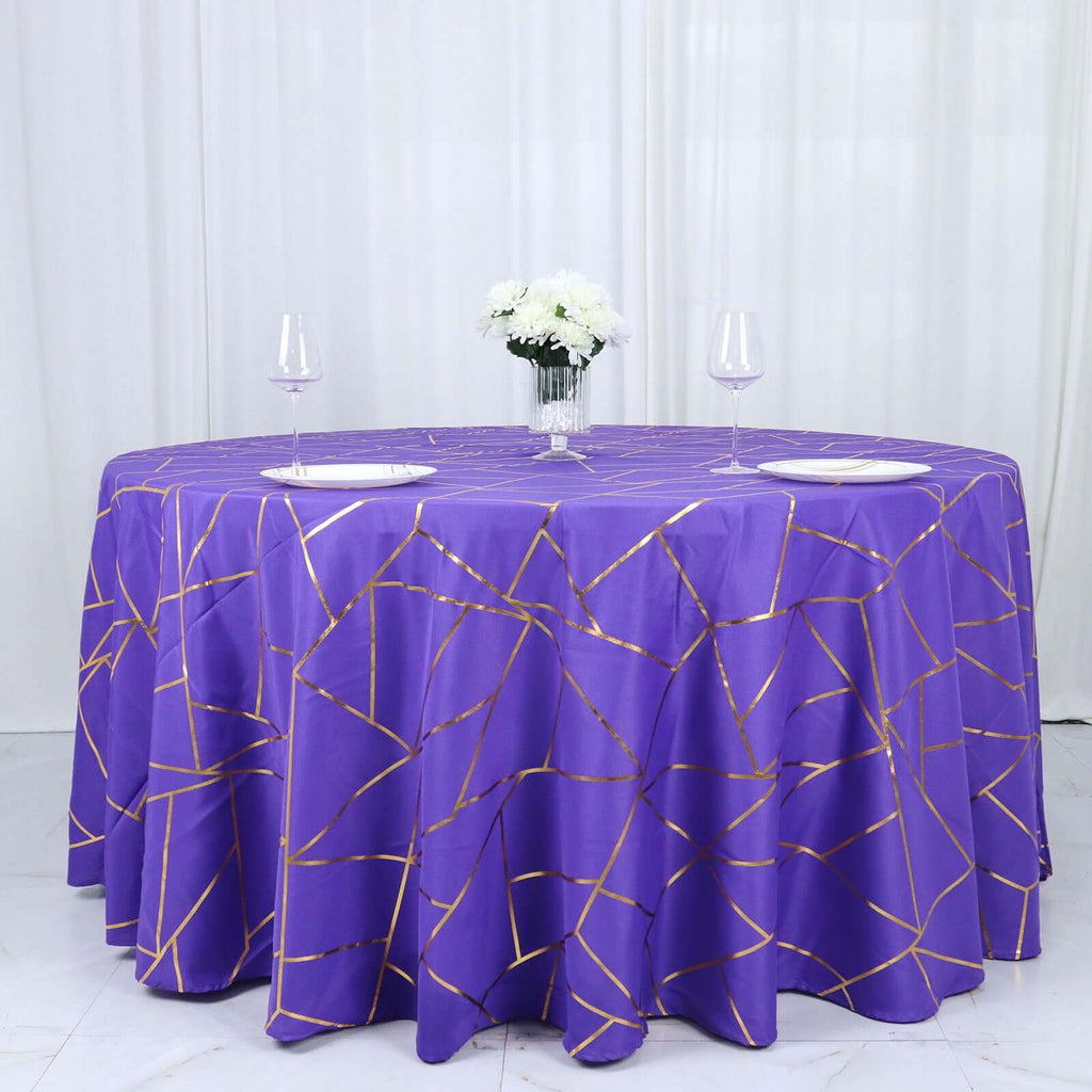 Polyester 120" Round Tablecloth Purple with Gold Foil Geometric Pattern Wrinkle - Resistant Seamless Table Cover - Bell Racket Store