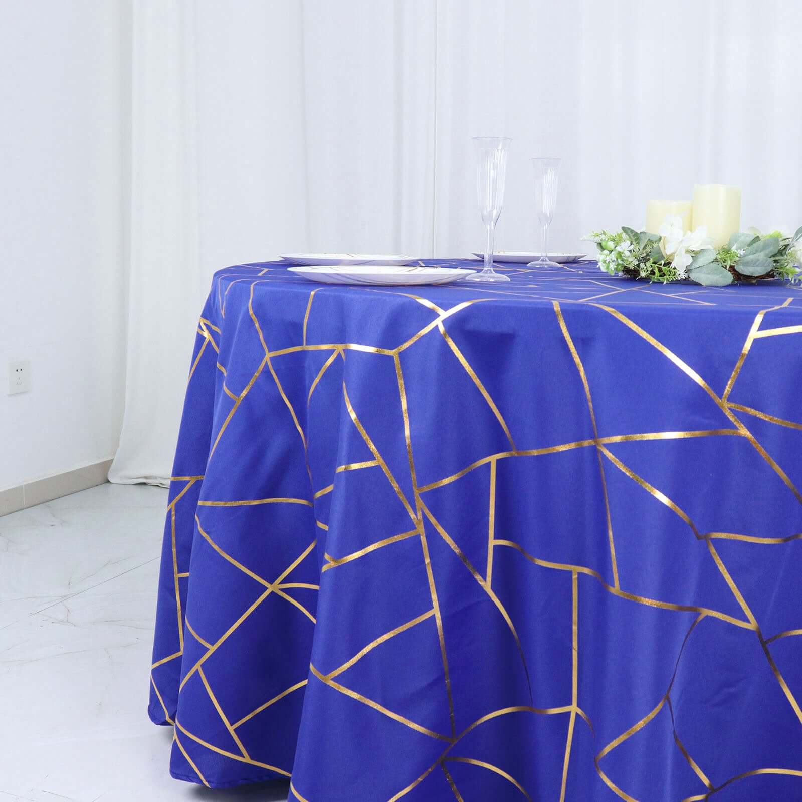 Polyester 120" Round Tablecloth Royal Blue with Gold Foil Geometric Pattern Wrinkle - Resistant Seamless Table Cover - Bell Racket Store