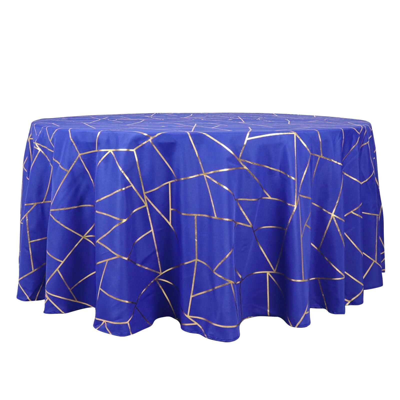 Polyester 120" Round Tablecloth Royal Blue with Gold Foil Geometric Pattern Wrinkle - Resistant Seamless Table Cover - Bell Racket Store