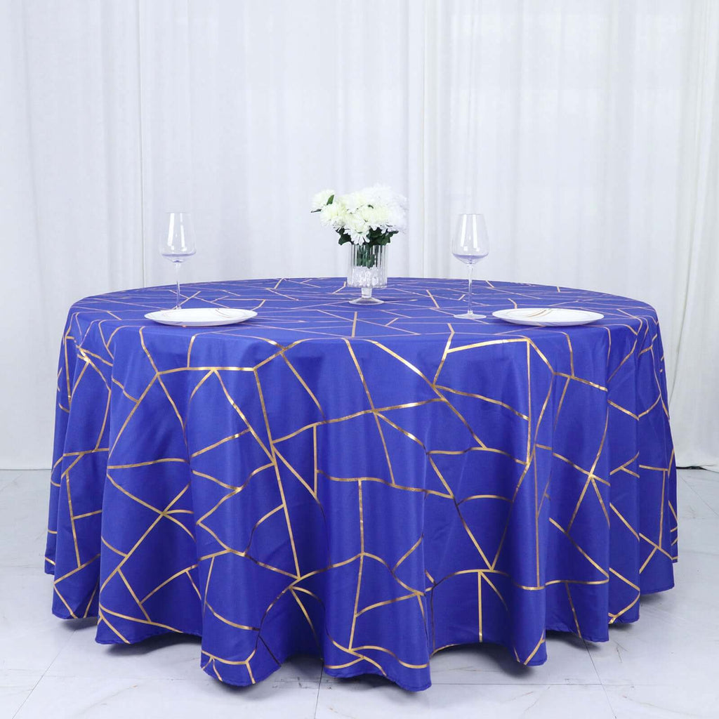 Polyester 120" Round Tablecloth Royal Blue with Gold Foil Geometric Pattern Wrinkle - Resistant Seamless Table Cover - Bell Racket Store