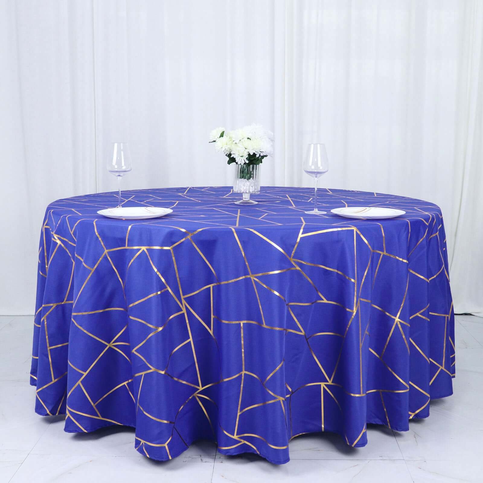 Polyester 120" Round Tablecloth Royal Blue with Gold Foil Geometric Pattern Wrinkle - Resistant Seamless Table Cover - Bell Racket Store