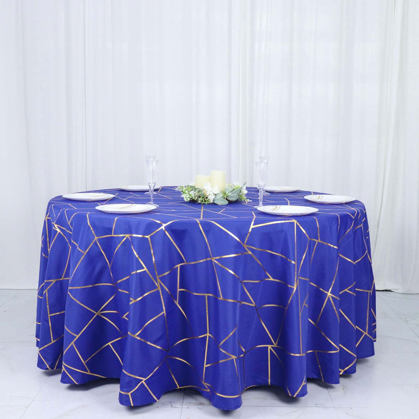 Polyester 120" Round Tablecloth Royal Blue with Gold Foil Geometric Pattern Wrinkle - Resistant Seamless Table Cover - Bell Racket Store
