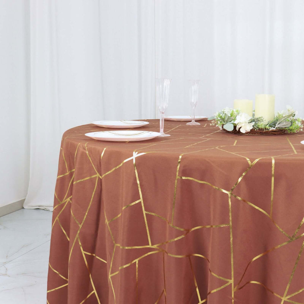 Polyester 120" Round Tablecloth Terracotta (Rust) with Gold Foil Geometric Pattern Wrinkle - Resistant Seamless Table Cover - Bell Racket Store