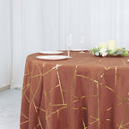 Polyester 120" Round Tablecloth Terracotta (Rust) with Gold Foil Geometric Pattern Wrinkle - Resistant Seamless Table Cover - Bell Racket Store