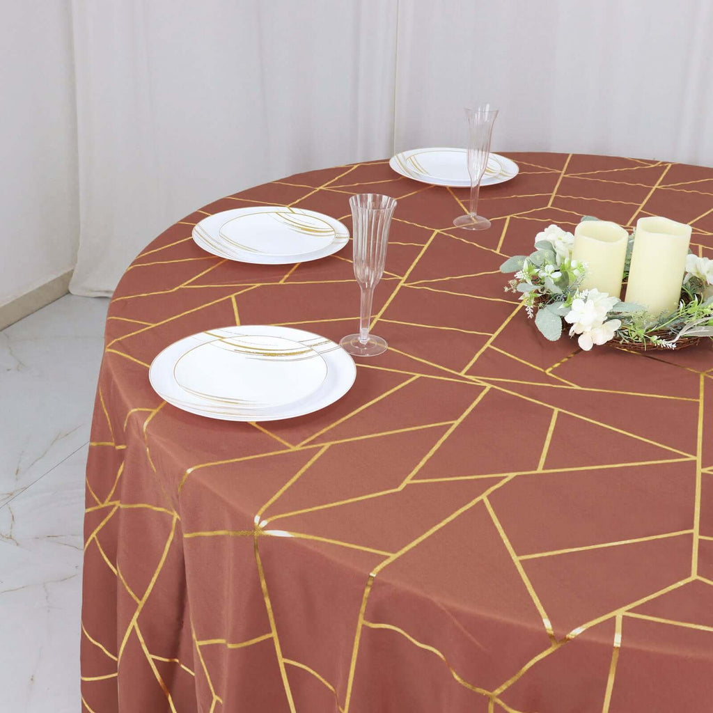 Polyester 120" Round Tablecloth Terracotta (Rust) with Gold Foil Geometric Pattern Wrinkle - Resistant Seamless Table Cover - Bell Racket Store