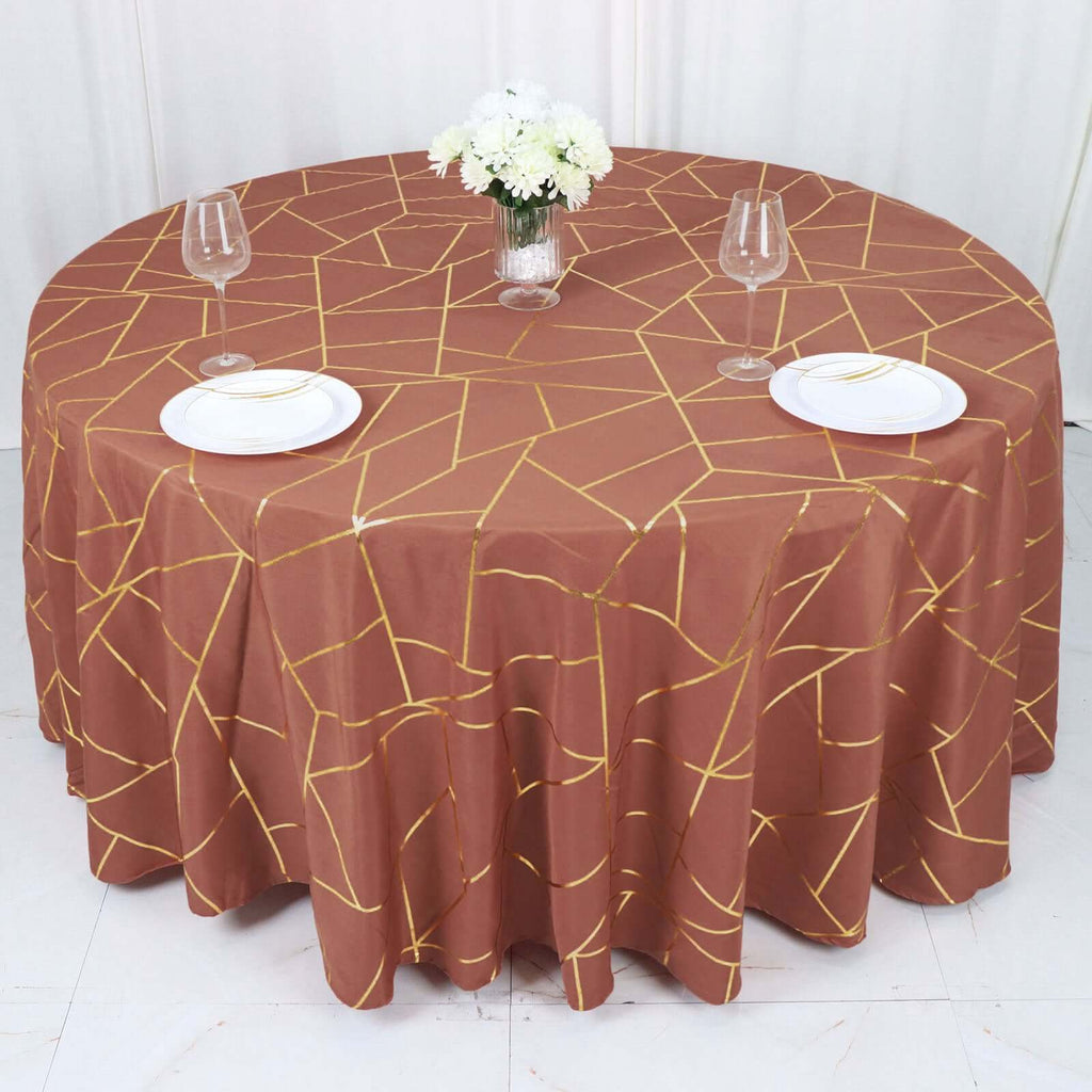 Polyester 120" Round Tablecloth Terracotta (Rust) with Gold Foil Geometric Pattern Wrinkle - Resistant Seamless Table Cover - Bell Racket Store