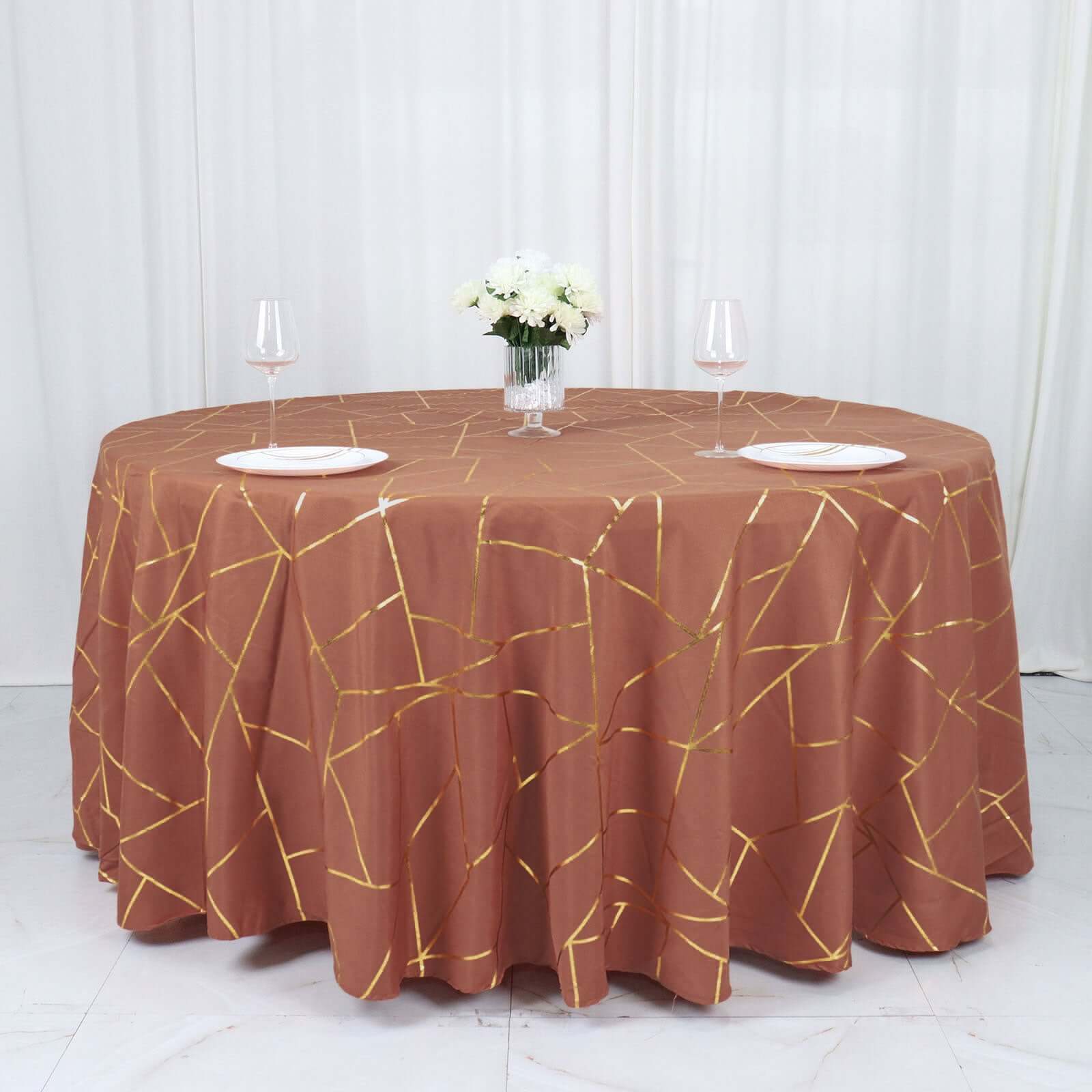 Polyester 120" Round Tablecloth Terracotta (Rust) with Gold Foil Geometric Pattern Wrinkle - Resistant Seamless Table Cover - Bell Racket Store