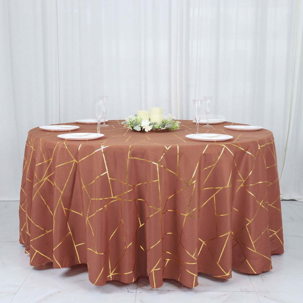 Polyester 120" Round Tablecloth Terracotta (Rust) with Gold Foil Geometric Pattern Wrinkle - Resistant Seamless Table Cover - Bell Racket Store