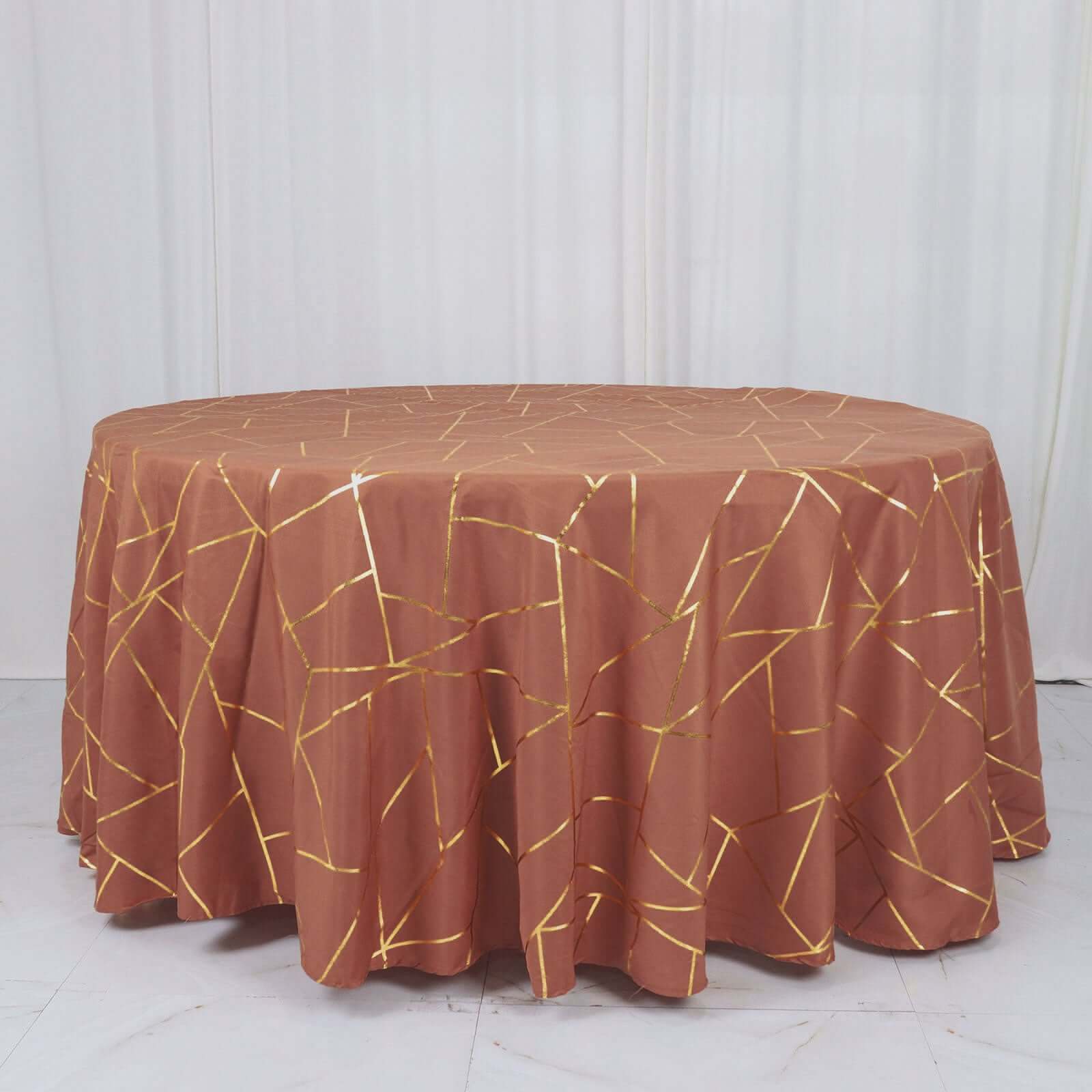 Polyester 120" Round Tablecloth Terracotta (Rust) with Gold Foil Geometric Pattern Wrinkle - Resistant Seamless Table Cover - Bell Racket Store