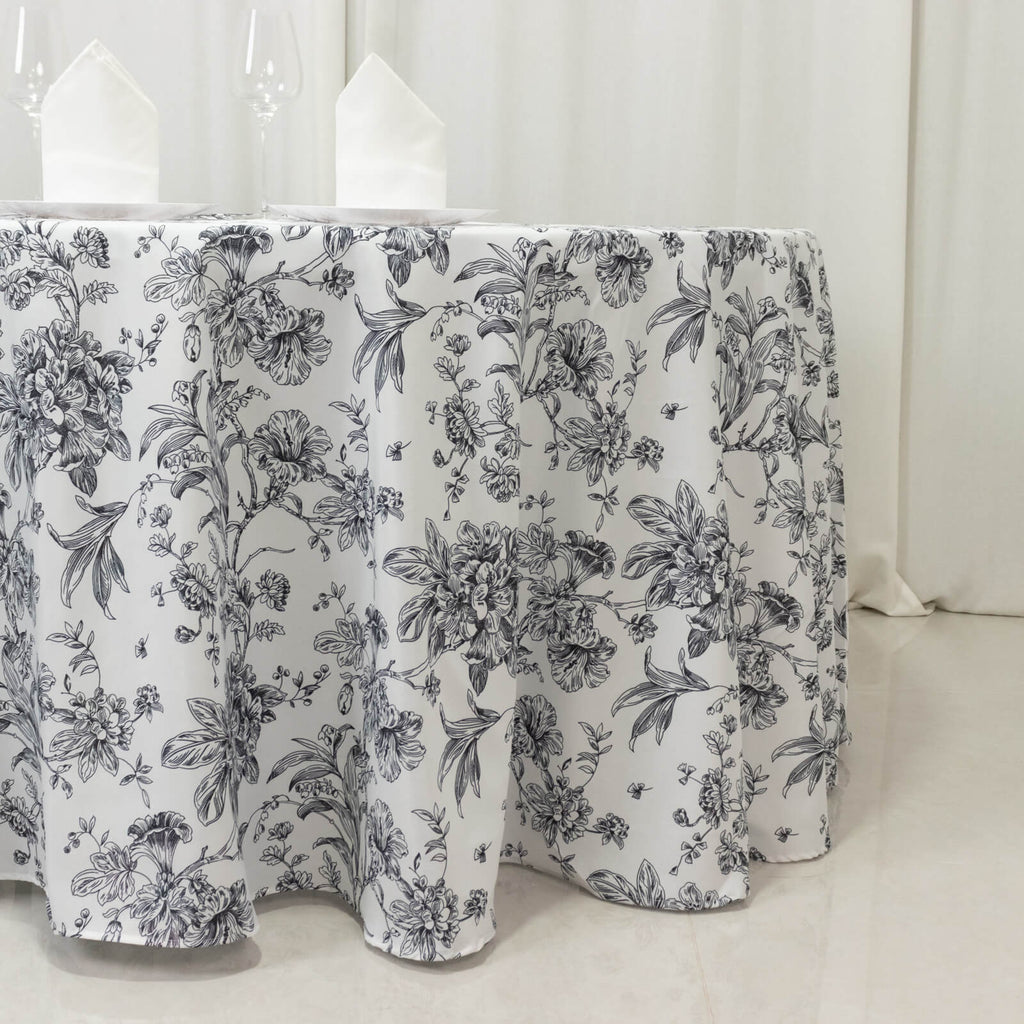 Polyester 120" Round Tablecloth White - Black French Toile Pattern for Chic Weddings - Bell Racket Store