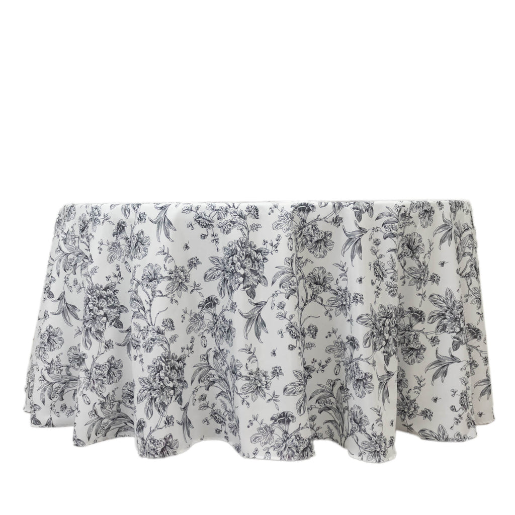 Polyester 120" Round Tablecloth White - Black French Toile Pattern for Chic Weddings - Bell Racket Store