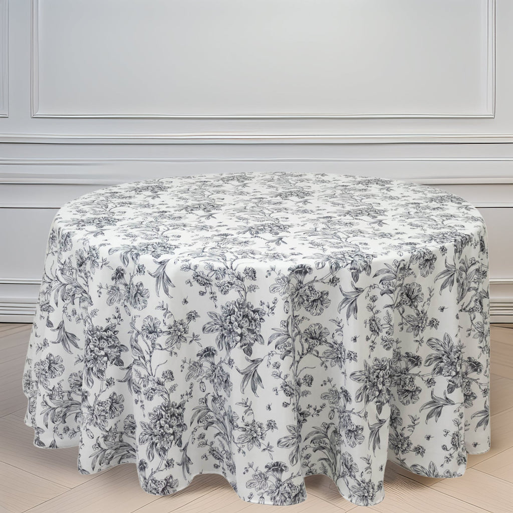 Polyester 120" Round Tablecloth White - Black French Toile Pattern for Chic Weddings - Bell Racket Store