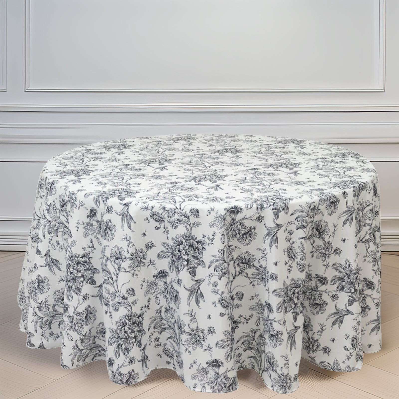 Polyester 120" Round Tablecloth White - Black French Toile Pattern for Chic Weddings - Bell Racket Store