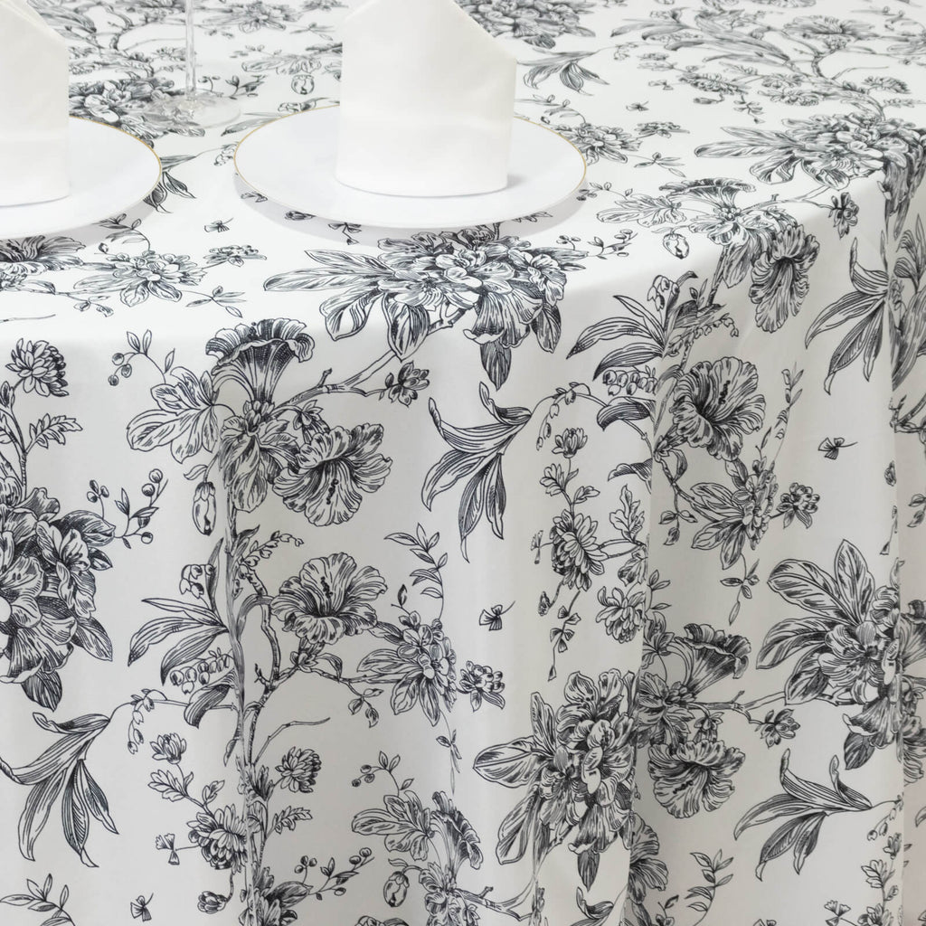 Polyester 120" Round Tablecloth White - Black French Toile Pattern for Chic Weddings - Bell Racket Store