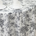 Polyester 120" Round Tablecloth White - Black French Toile Pattern for Chic Weddings - Bell Racket Store