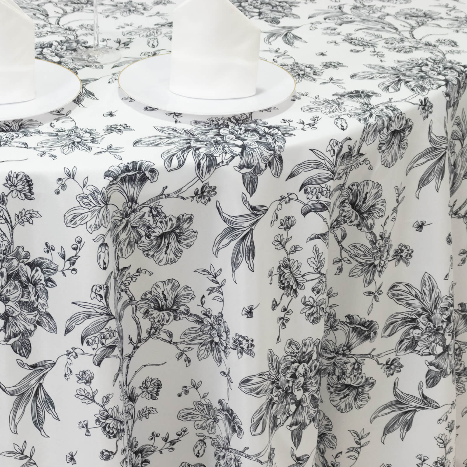 Polyester 120" Round Tablecloth White - Black French Toile Pattern for Chic Weddings - Bell Racket Store