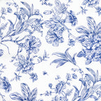 Polyester 120" Round Tablecloth White - Blue French Toile Pattern for Chic Weddings - Bell Racket Store