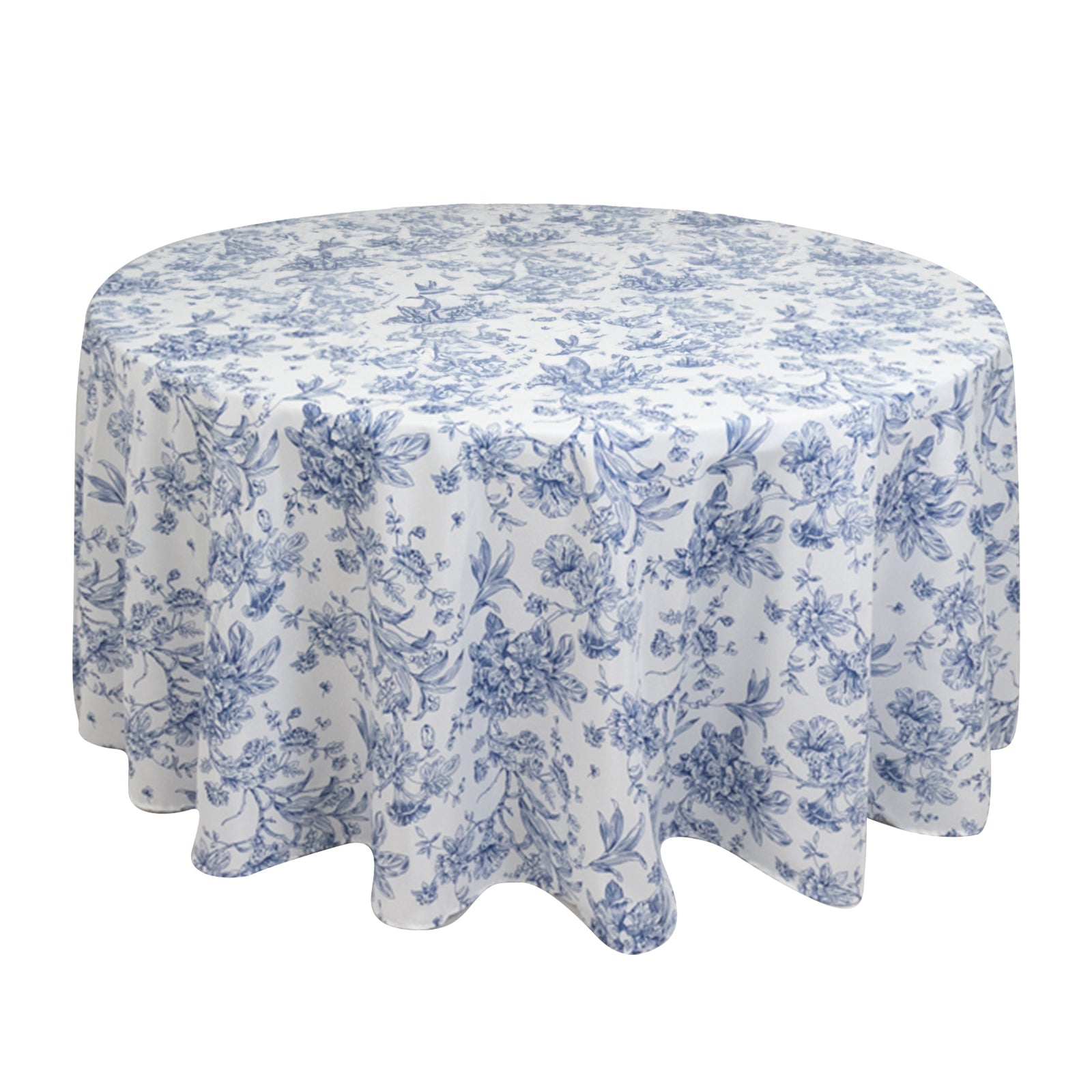 Polyester 120" Round Tablecloth White - Blue French Toile Pattern for Chic Weddings - Bell Racket Store