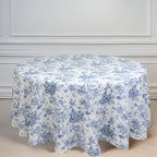 Polyester 120" Round Tablecloth White - Blue French Toile Pattern for Chic Weddings - Bell Racket Store