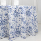 Polyester 120" Round Tablecloth White - Blue French Toile Pattern for Chic Weddings - Bell Racket Store
