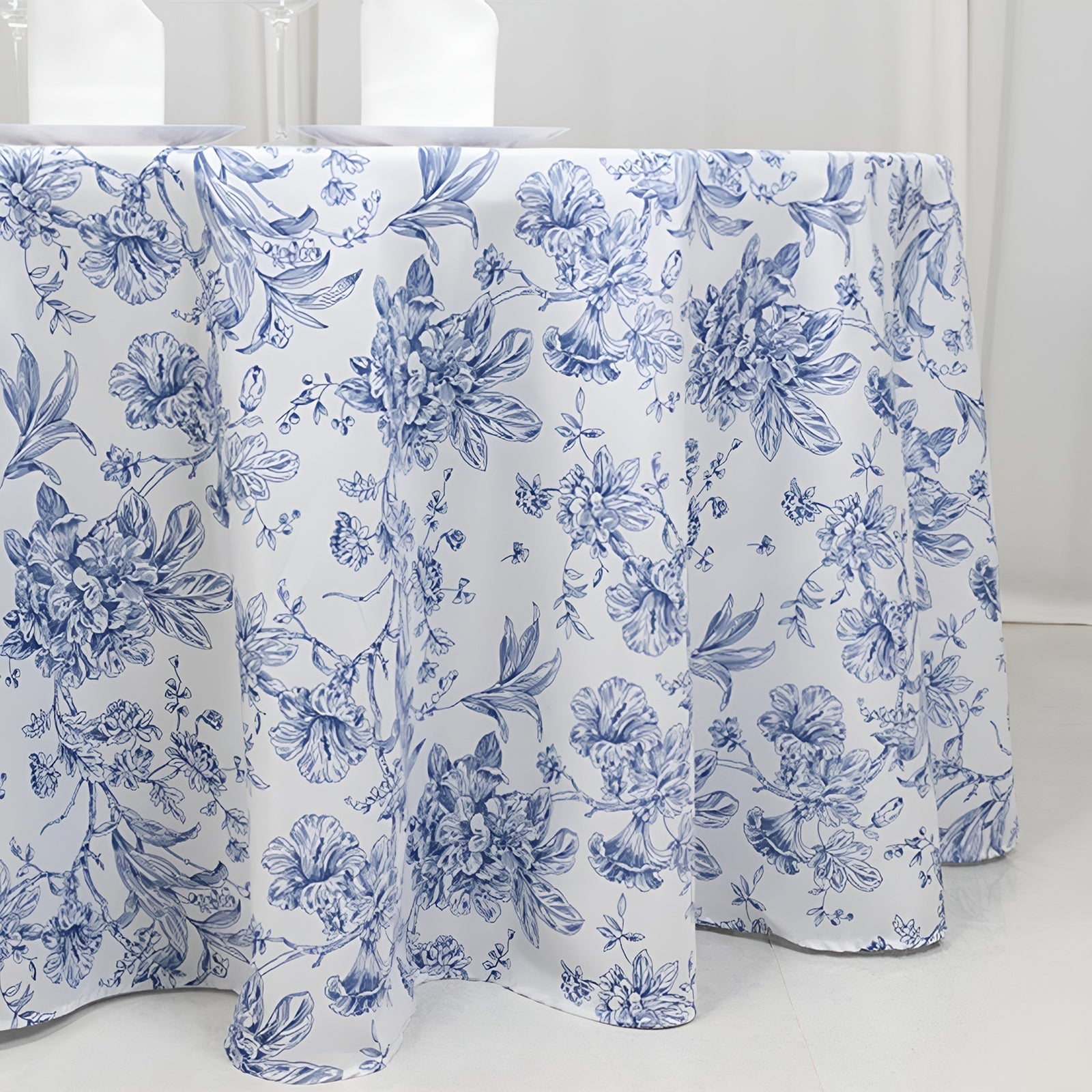 Polyester 120" Round Tablecloth White - Blue French Toile Pattern for Chic Weddings - Bell Racket Store