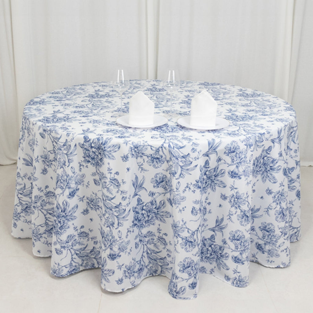 Polyester 120" Round Tablecloth White - Blue French Toile Pattern for Chic Weddings - Bell Racket Store