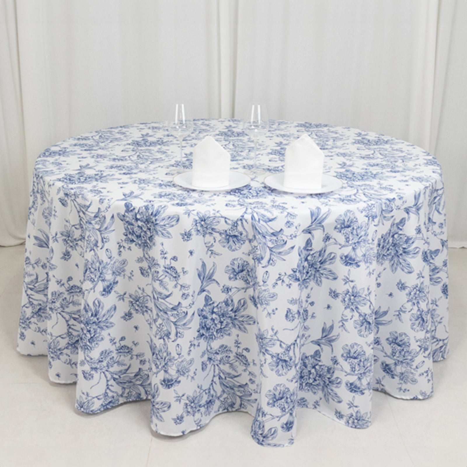 Polyester 120" Round Tablecloth White - Blue French Toile Pattern for Chic Weddings - Bell Racket Store