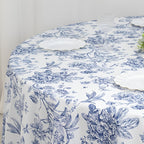 Polyester 120" Round Tablecloth White - Blue French Toile Pattern for Chic Weddings - Bell Racket Store
