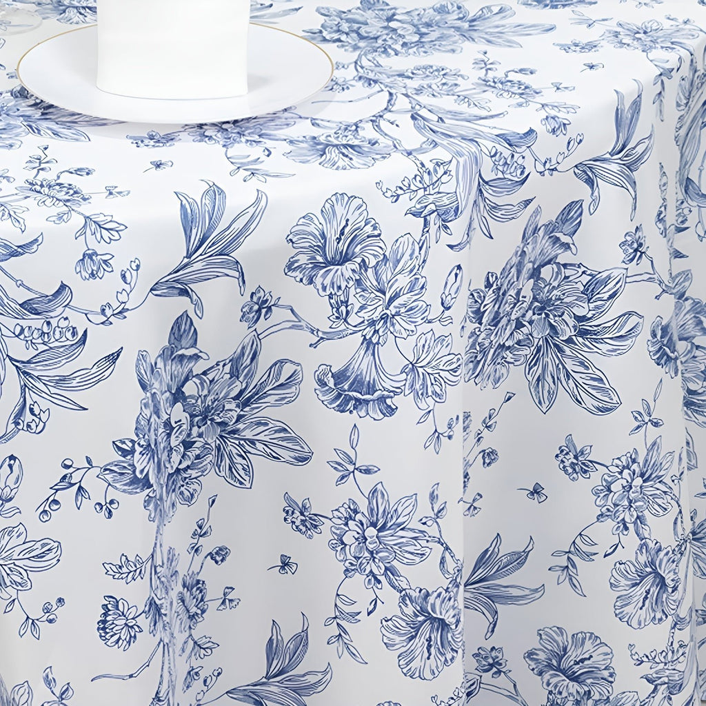 Polyester 120" Round Tablecloth White - Blue French Toile Pattern for Chic Weddings - Bell Racket Store