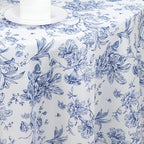 Polyester 120" Round Tablecloth White - Blue French Toile Pattern for Chic Weddings - Bell Racket Store