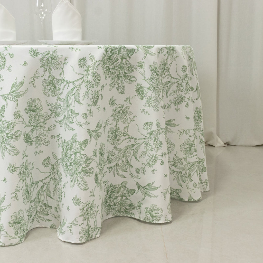 Polyester 120" Round Tablecloth White - Dusty Sage Green French Toile Pattern for Chic Weddings - Bell Racket Store