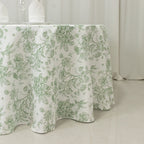 Polyester 120" Round Tablecloth White - Dusty Sage Green French Toile Pattern for Chic Weddings - Bell Racket Store