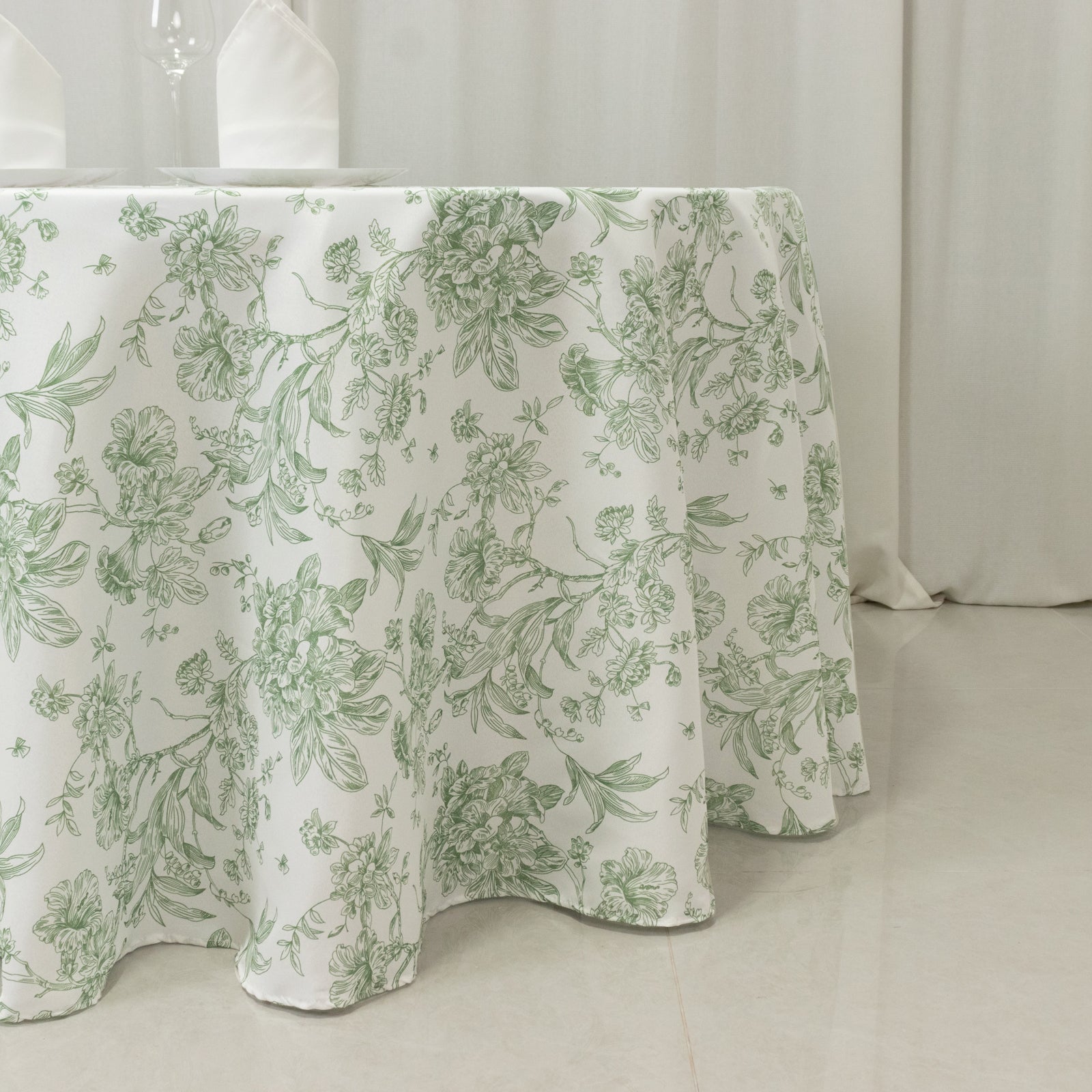 Polyester 120" Round Tablecloth White - Dusty Sage Green French Toile Pattern for Chic Weddings - Bell Racket Store