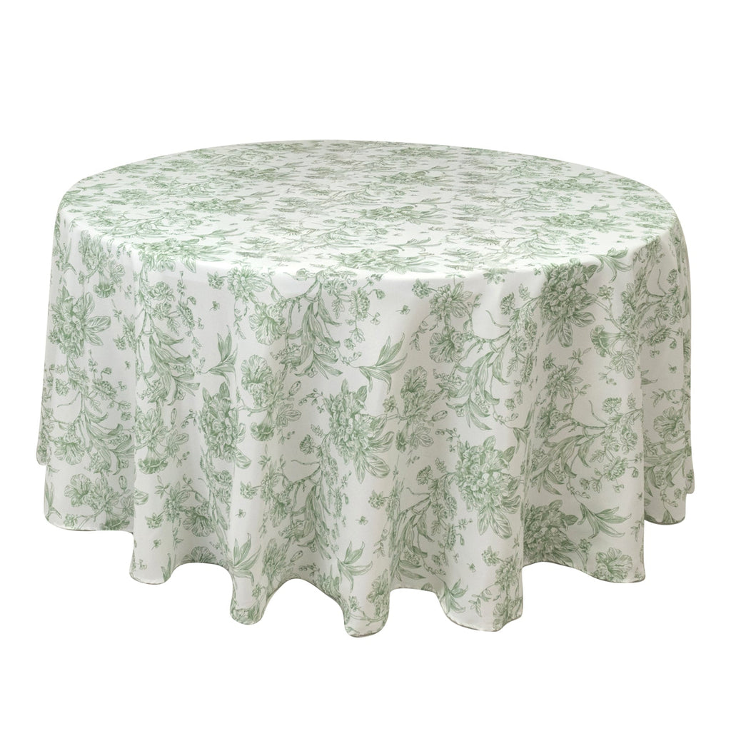 Polyester 120" Round Tablecloth White - Dusty Sage Green French Toile Pattern for Chic Weddings - Bell Racket Store